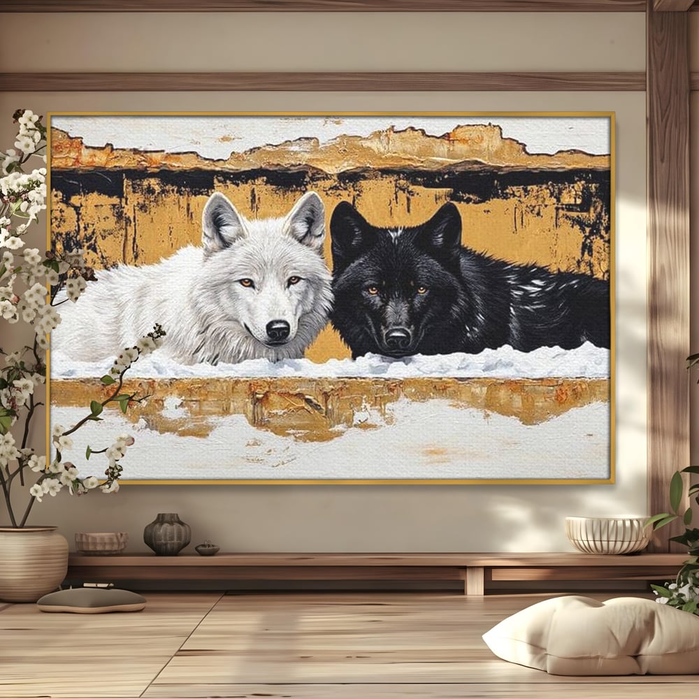 Tablou canvas cu pictura cu doi lupi in zapada, in rama de aluminiu auriu